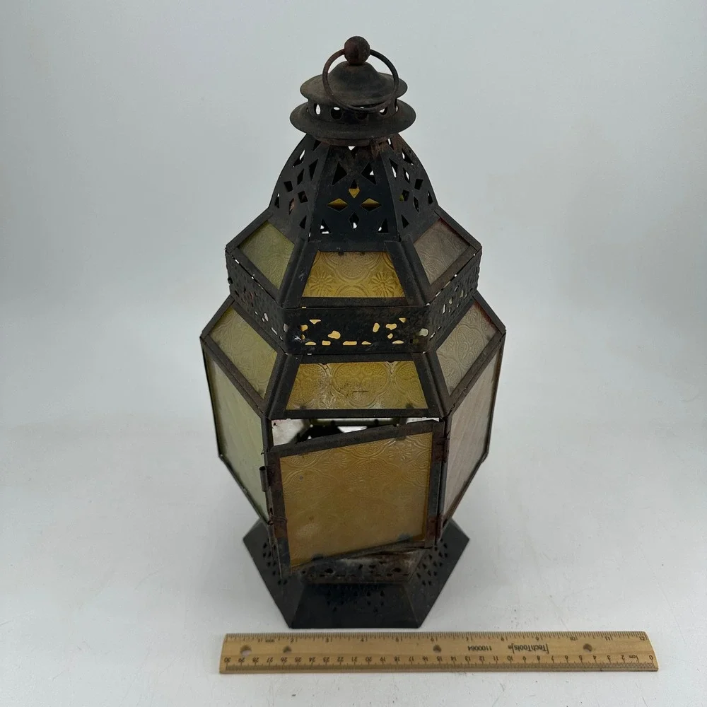 Vintage Moroccan Style Metal Glass Lantern Rusted Patina Amber Green Red Hexagon